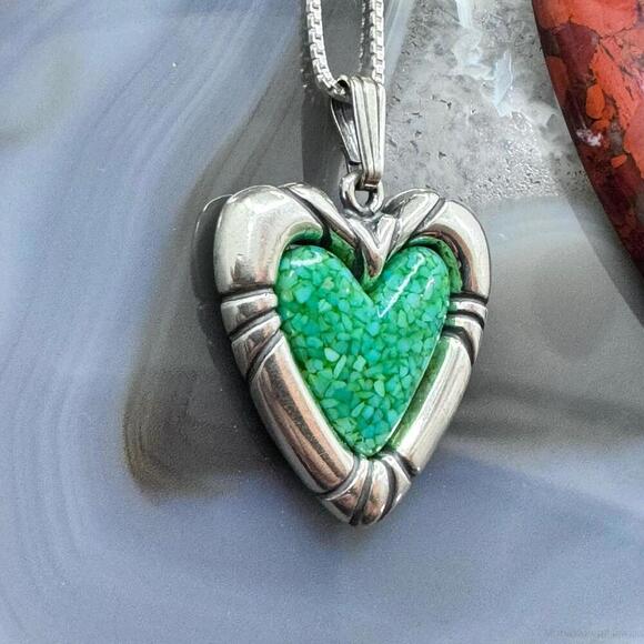 Carolyn Pollack Sterling Heart Green Turquoise Chip Inlay Pendant W/18" Necklace - Picture 5 of 10